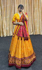 Leheriya Print Tussar Silk Lehenga Choli with Patola Border & Bandhani Dupatta